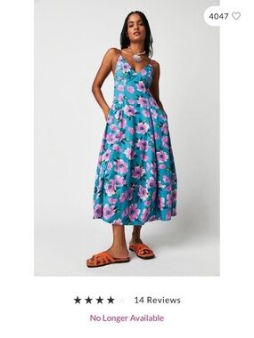 Free People Teal Floral Midi Dress with Pink Flowers